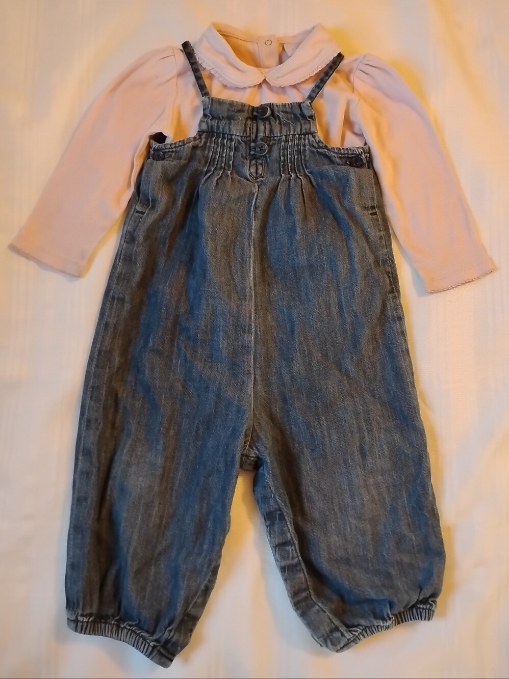 Baby Gap Girl 12-18 Overall Bubble Denim Jean Fall Outfit Bodysuit Collar Pink